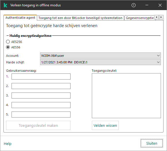 Een venster met velden voor het invoeren van de inhoud van de gebruikersaanvraag en een veld voor de gegenereerde sleutel om toegang te krijgen tot de versleutelde schijf.