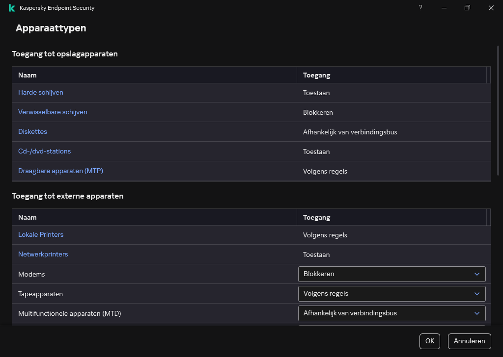 Venster voor het configureren van toegang tot apparaten. De gebruiker kan de toegang tot apparaten configureren en aanvullende toegangsparameters instellen, zoals het toegangsschema.