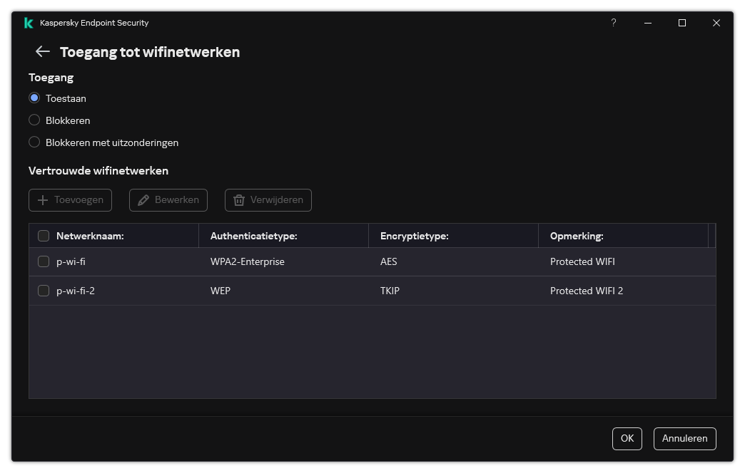 Een venster met een lijst met wifinetwerken. De gebruiker kan de toegang tot alle Wi-Fi-netwerken configureren en vertrouwde wifinetwerken toevoegen.