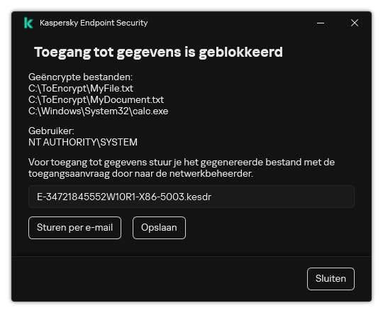 Een venster met een verzoekbestand om toegang te krijgen tot gecodeerde gegevens. De gebruiker kan het gegenereerde bestand opslaan op schijf of per e-mail verzenden.
