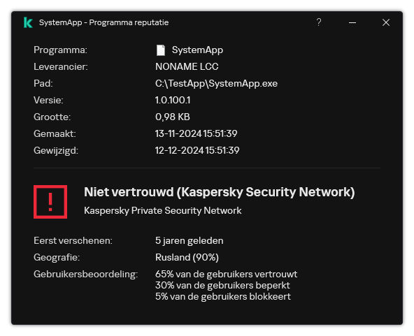 Het venster bevat informatie over de bestandsreputatie en andere gegevens, zoals de aanwezigheid van een digitale handtekening.