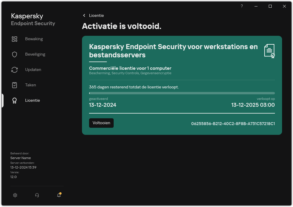 Het venster bevat informatie over de licentie: vervaldatum, beschikbare functies en andere informatie.