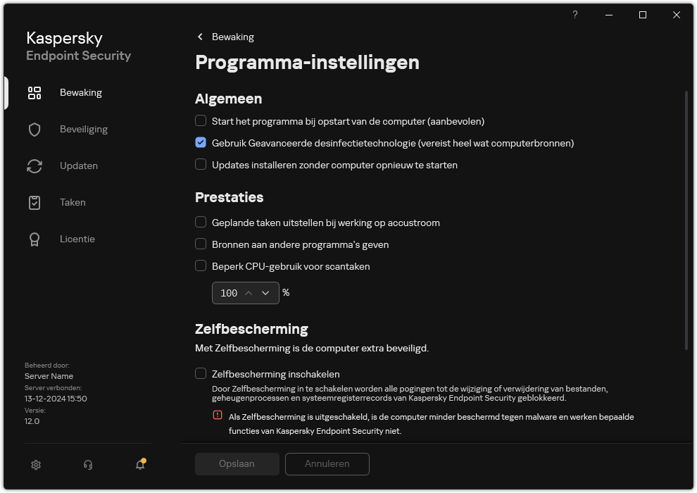 Venster programma-instellingen. De gebruiker kan prestaties, zelfverdediging en andere instellingen configureren.