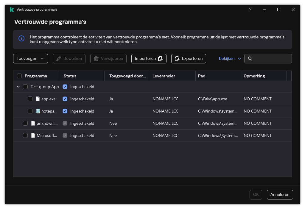 Een venster met de lijst met vertrouwde programma's. De gebruiker kan een vertrouwd programma toevoegen, bewerken of verwijderen.