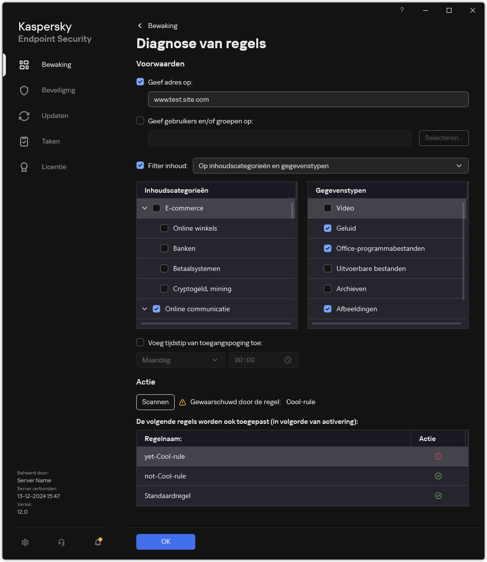 Venster met testresultaten van webbronnen.
