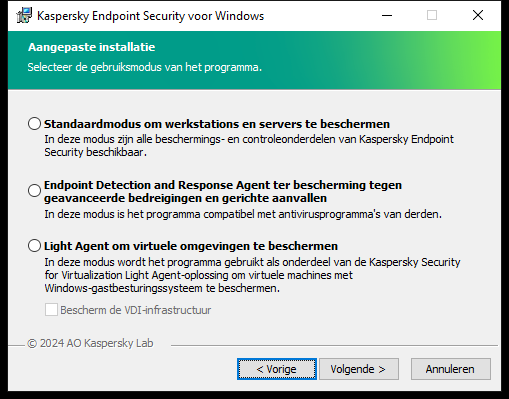 Installatievenster met configuratie van het programma: volledige functionaliteit of Endpoint Detection and Response Agent.