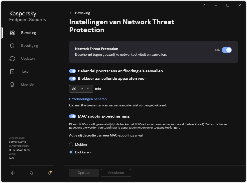 Network Threat Protection instellingenvenster