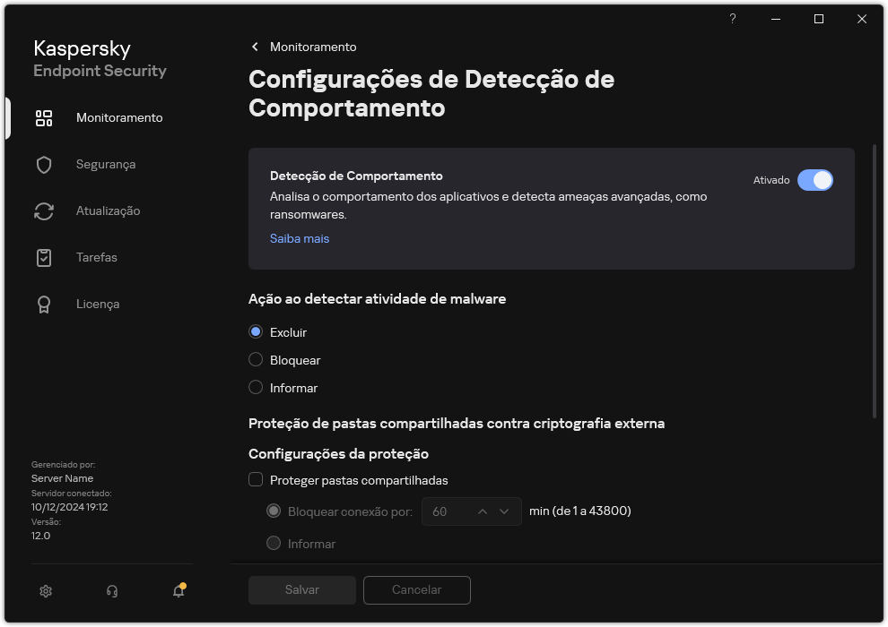 Janela Configurações de Detecção de Comportamento.