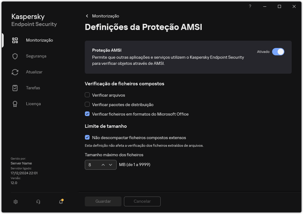 Janela de definições de Proteção AMSI.
