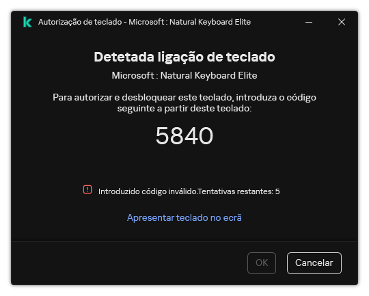 A janela com o código de autorização do teclado. O utilizador pode ativar o teclado no ecrã e inserir o código.