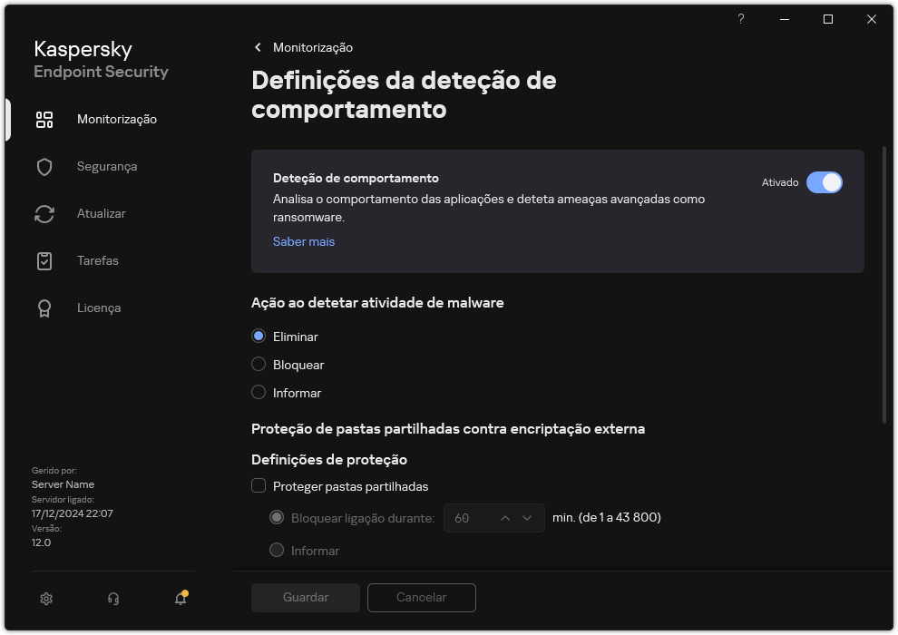 Janela de definições de Deteção de comportamento.
