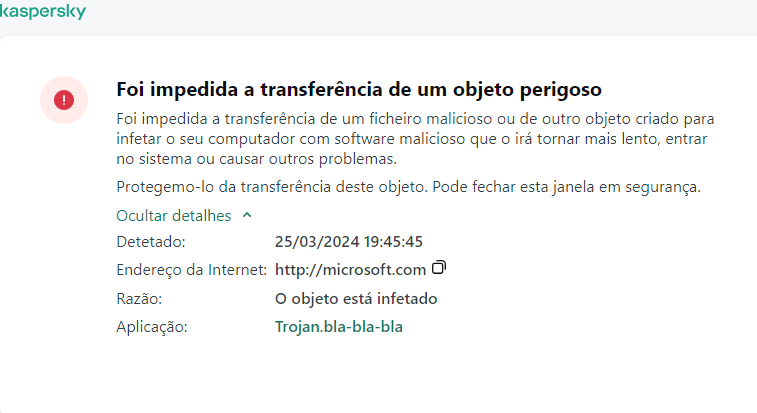 Notificação da Kaspersky sobre como impedir que objetos maliciosos sejam carregados na janela do navegador.