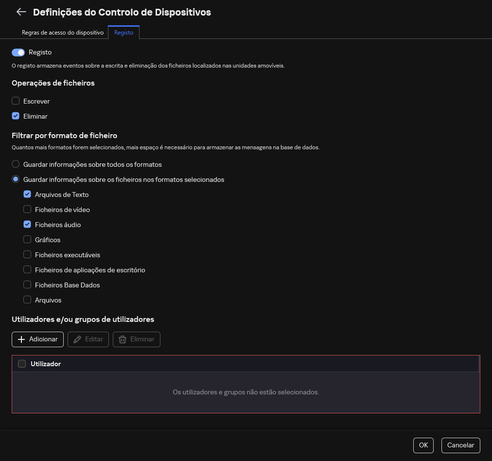 A janela para configurar o registo de eventos sobre o uso de unidades amovíveis. O utilizador pode selecionar os eventos a serem registados.