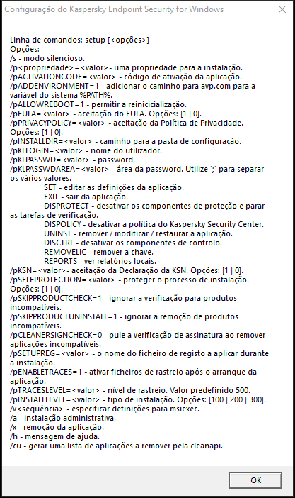 Janela a descrever as opções de comando para instalar a aplicação via CMD.