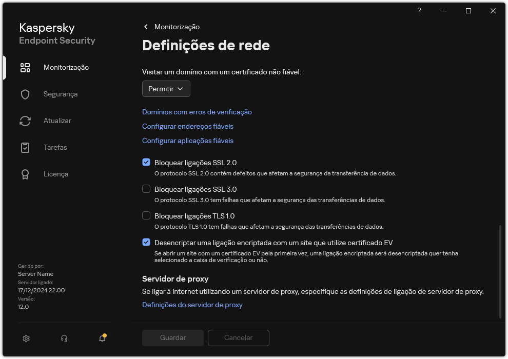 Janela de definições de rede da aplicação.