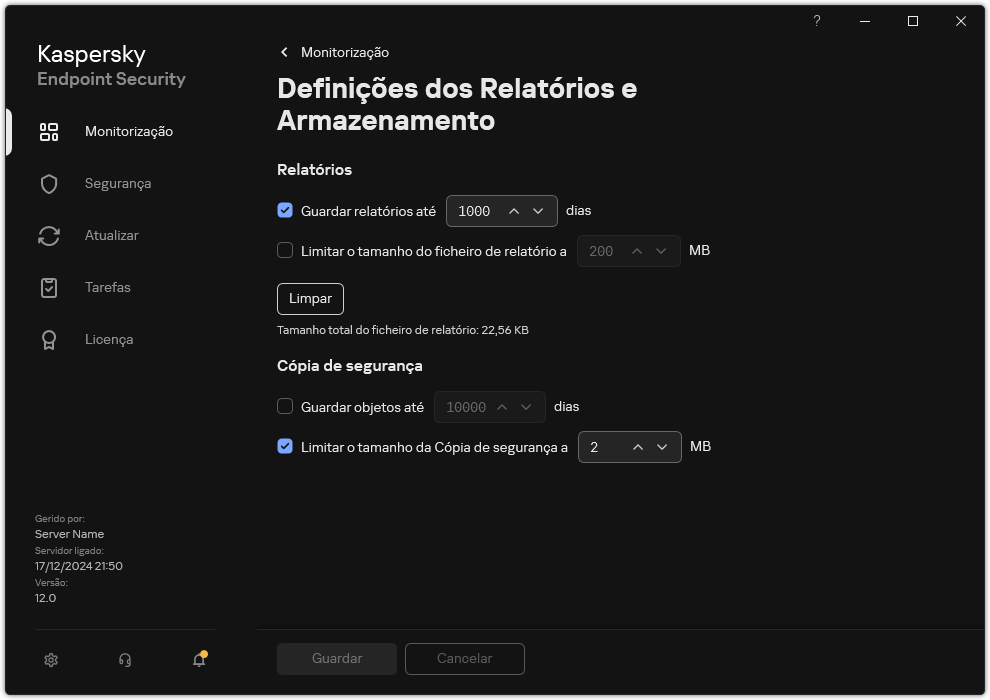 Janela de definições de Relatórios e Armazenamento. O utilizador pode definir o tamanho e limitar o tempo de armazenamento de relatórios e objetos no repositório.