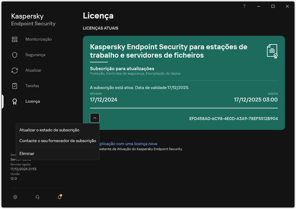 A janela com informações sobre a licença. O utilizador pode atualizar o estado da subscrição, entrar em contacto com o fornecedor da subscrição ou remover a licença.