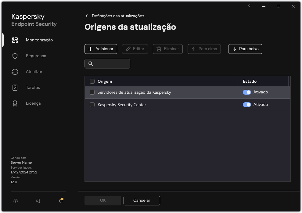 Uma janela com a lista das origens de atualização. O utilizador pode adicionar origens de atualização e atribuir uma prioridade à origem.
