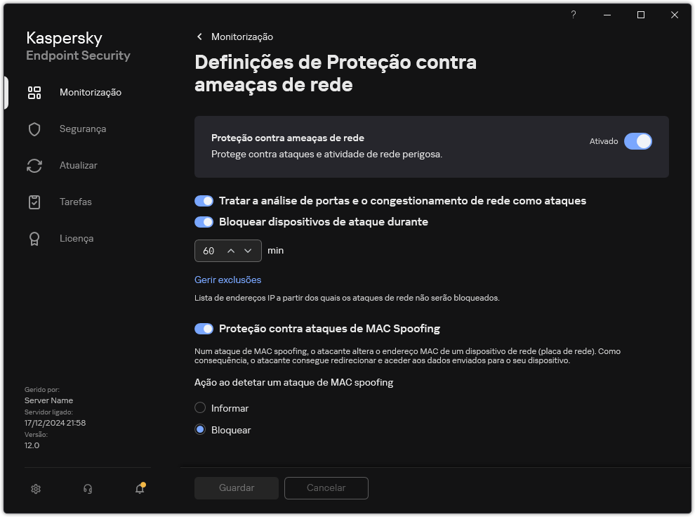 Janela de definições da Proteção contra ameaças de Rede