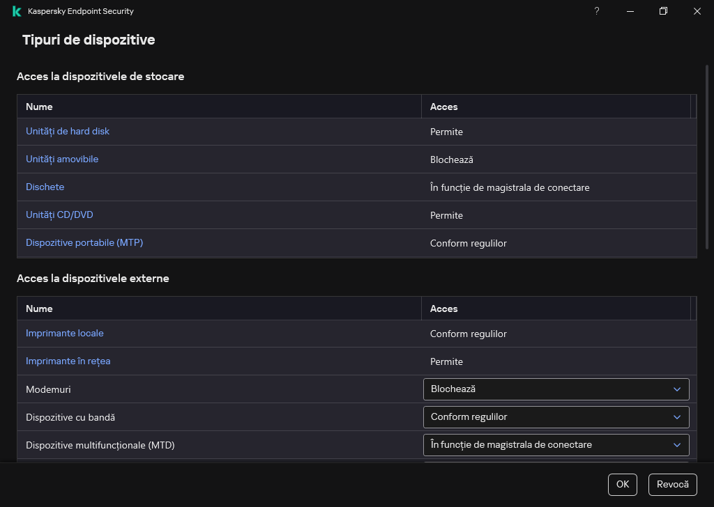 Fereastra pentru configurarea accesului la dispozitive. Utilizatorul poate configura accesul la dispozitive și poate seta parametri de acces suplimentari, cum ar fi planificarea accesului.