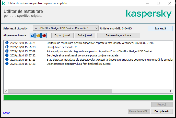 O fereastră cu lista evenimentelor utilitarului. Utilizatorul poate executa diagnosticarea și decripta dispozitivul selectat.