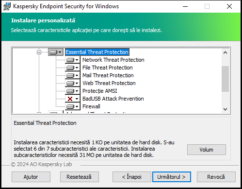 Fereastra de instalare cu o listă de componente pe care un utilizator le poate selecta.