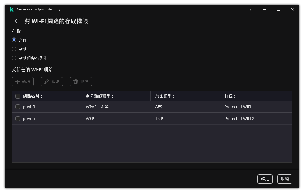 包含 Wi-Fi 網路清單的視窗。使用者可以配置對所有 Wi-Fi 網路的存取並新增受信任的 Wi-Fi 網路。