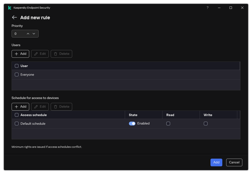 Device Control rule configuration window. The user can assign the rule priority, add users to the rule, and set the rule schedule.
