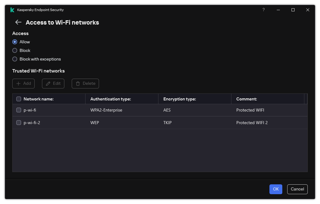 A window with the list of Wi-Fi networks. The user can configure access to all Wi-Fi networks and add trusted Wi-Fi networks.