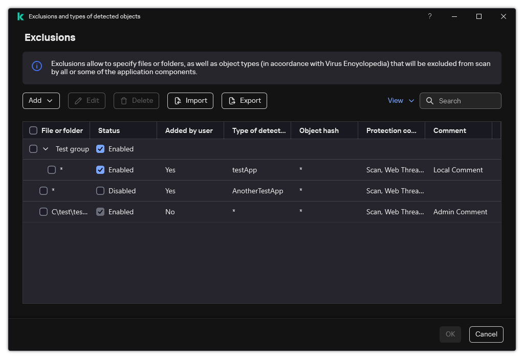 A window with the list of exclusions. Exclusion properties are displayed. The user can add, edit or delete exclusions.