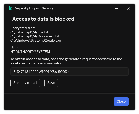 A window with a request file to access encrypted data. The user can save the generated file to disk or send it by email.