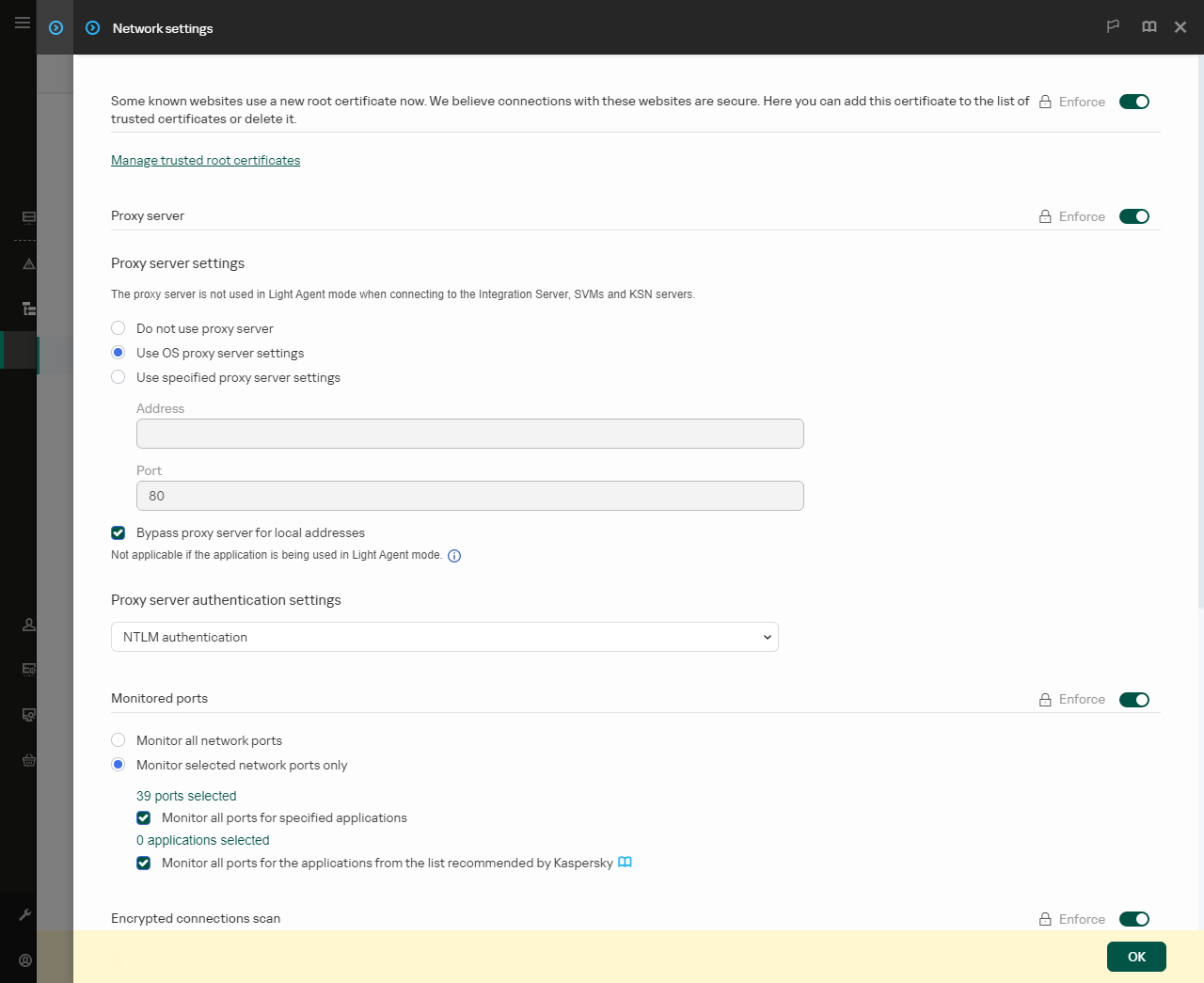 Application network settings window. The user can configure proxy server settings.