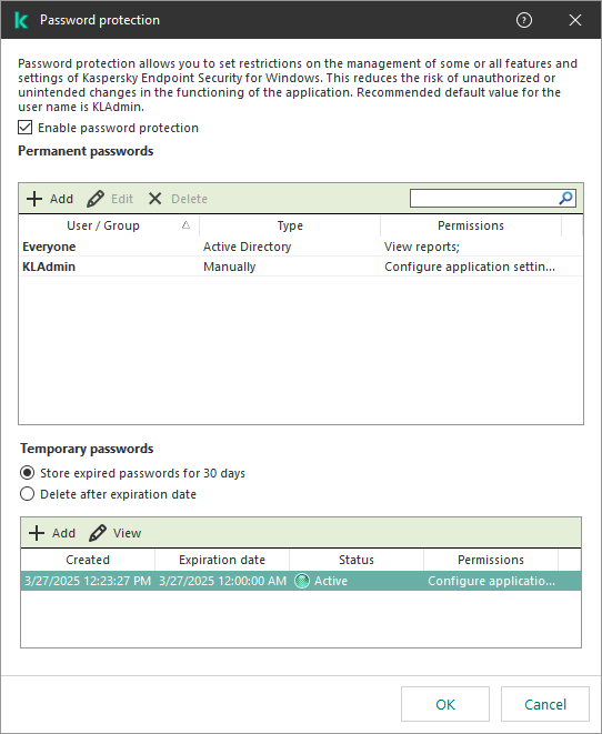 Management of temporary passwords window.