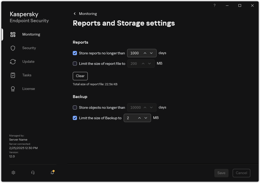 Reports and Storage settings window. The user can set the size and limit the storage time of reports and objects in the repository.