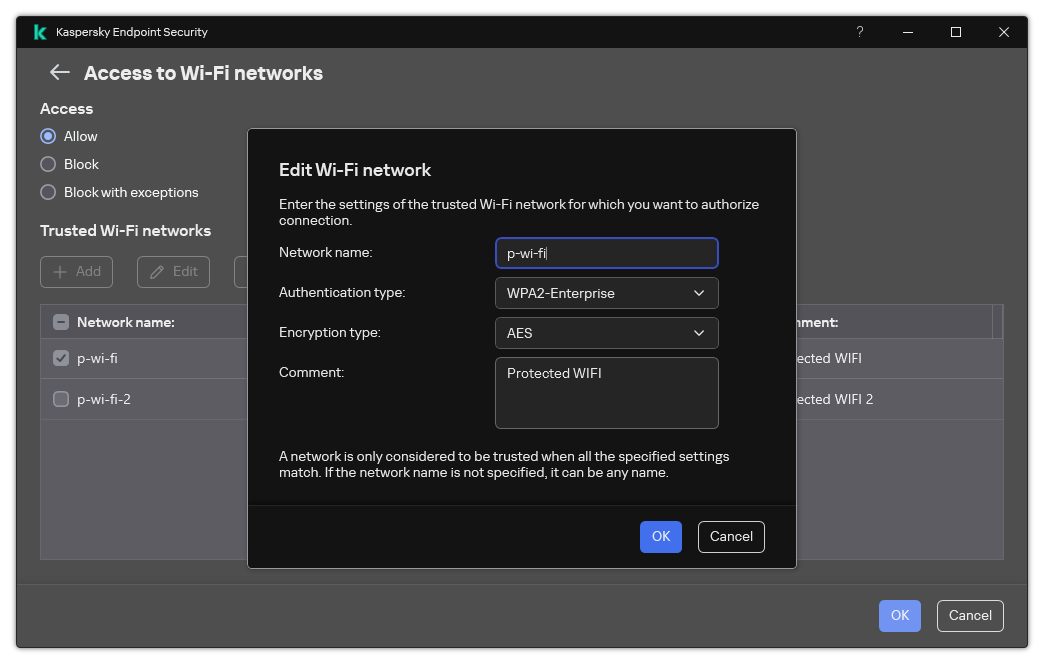 The window contains the settings of the trusted Wi-Fi network.