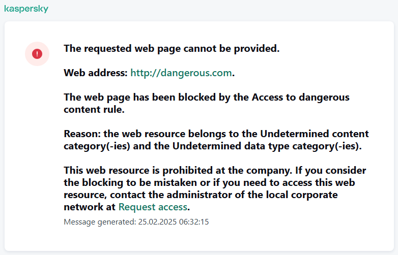 Kaspersky notification about blocking access to the web page in the browser window. The user can create a request to access the web resource.