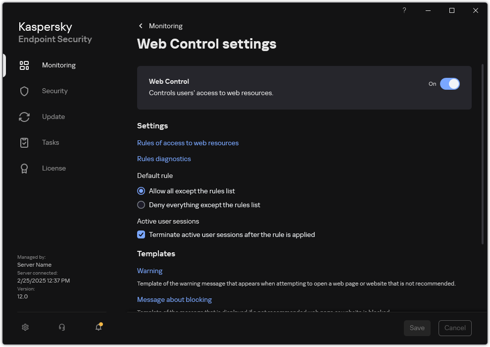 Web Control settings window.
