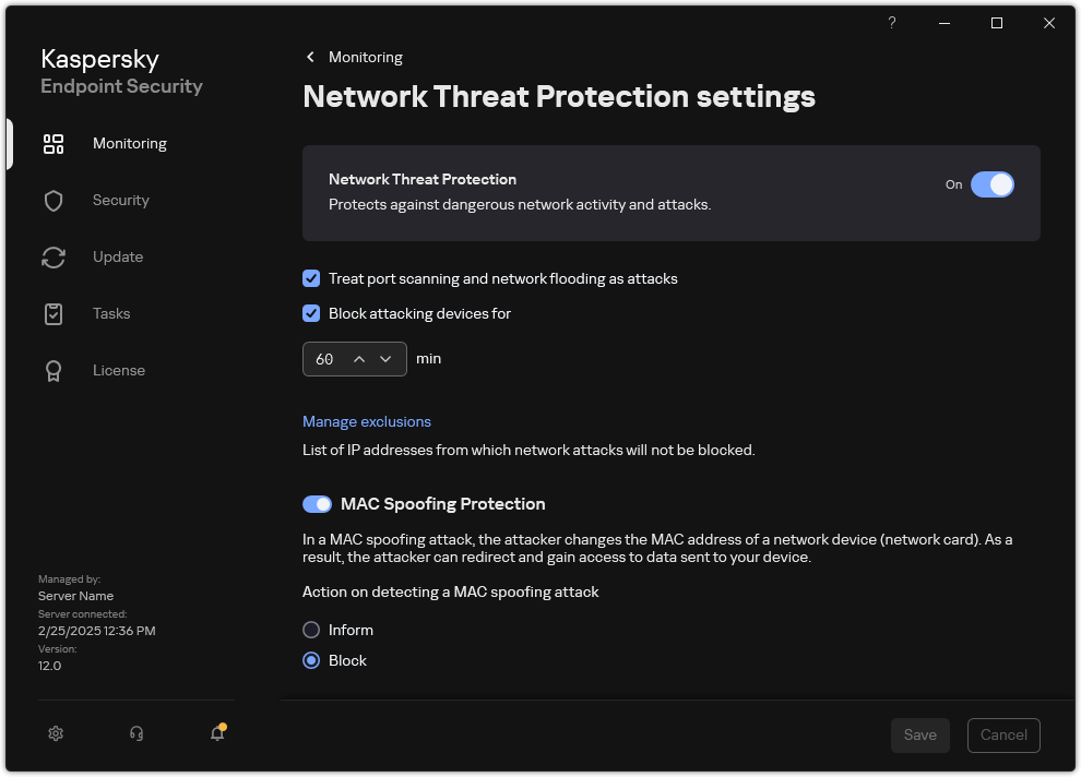 Network Threat Protection settings window