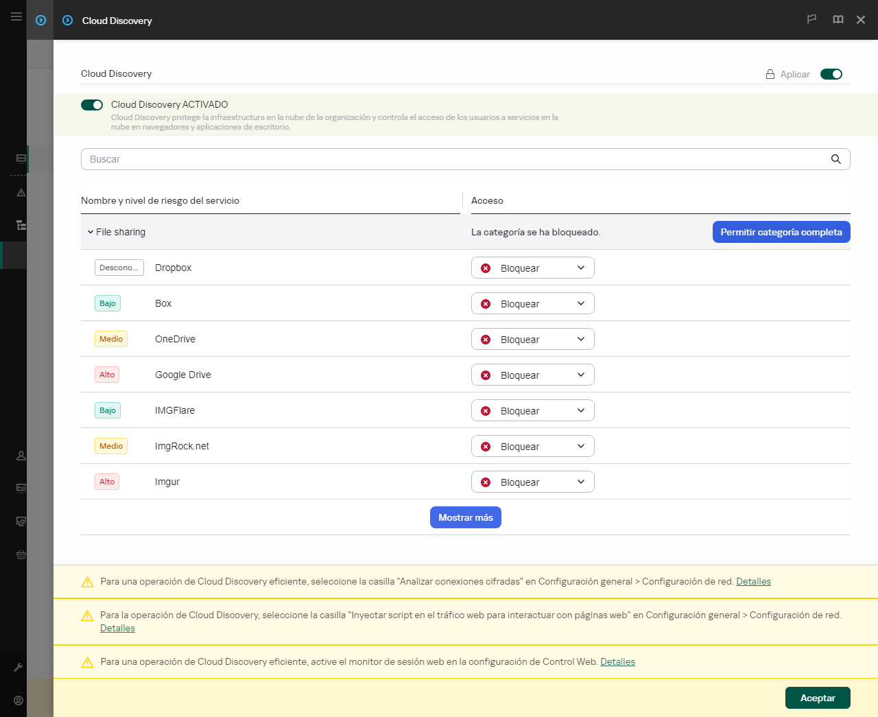 Ventana de configuración de Cloud Discovery. El usuario puede configurar el acceso de los usuarios a los servicios en la nube.
