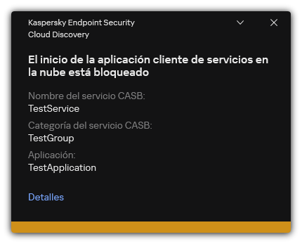 Notificación de bloqueo de servicios en la nube. El usuario puede ver información detallada sobre la regla.