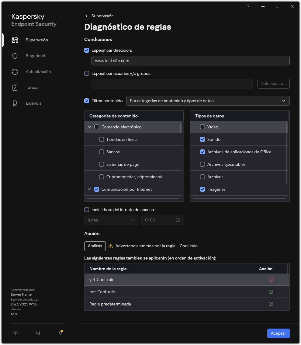 Ventana de resultados de pruebas de recursos web.