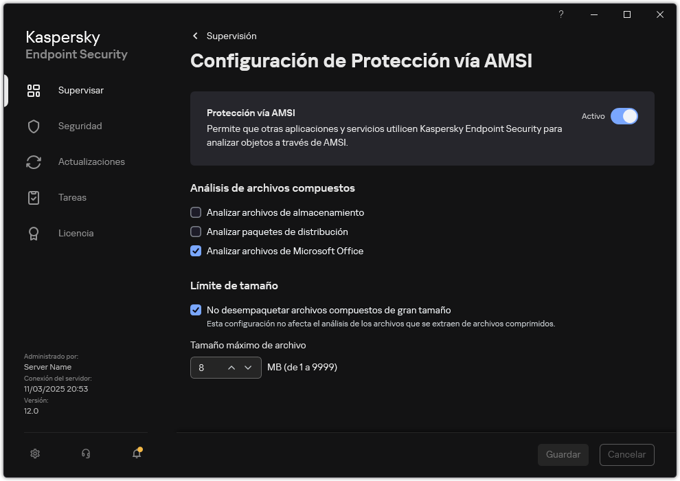 Ventana de Configuración de Protección vía AMSI.