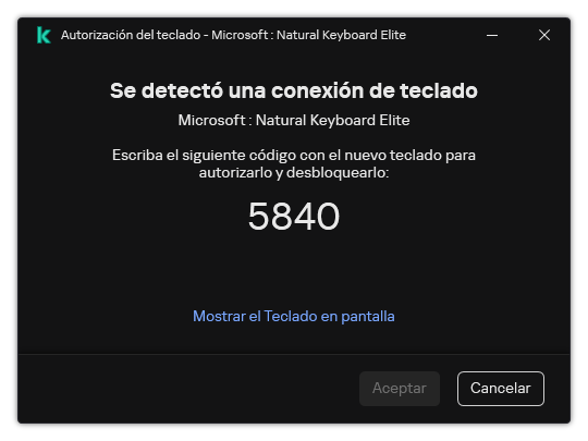 La ventana con el código de autorización del teclado. El usuario puede activar el teclado en pantalla e ingresar el código.