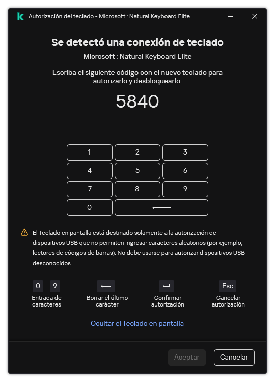La ventana con el código de autorización del teclado y el teclado en pantalla. El usuario puede ingresar el código.