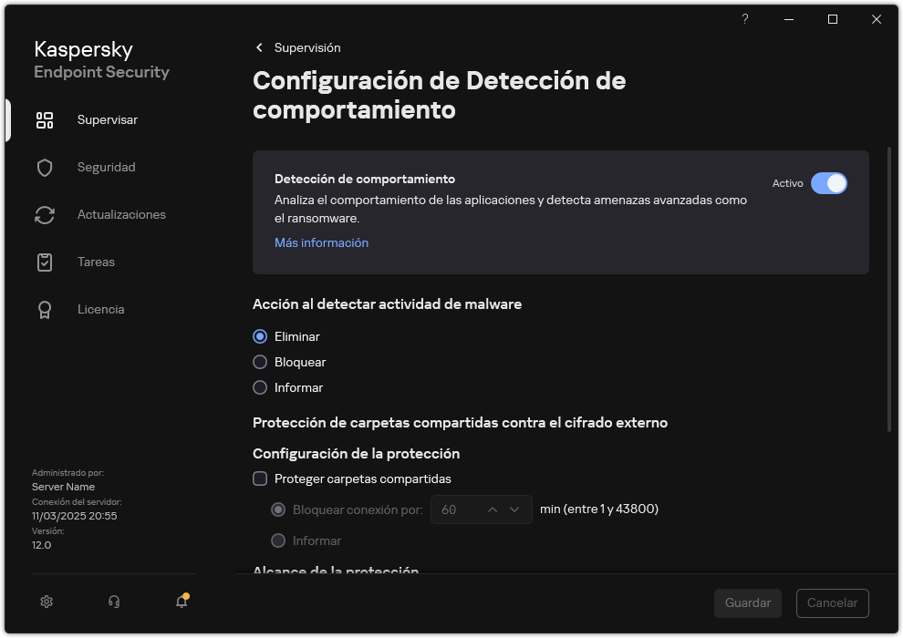 Ventana de configuración de Detección de comportamiento.