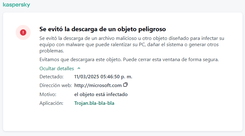 Notificación de Kaspersky sobre cómo evitar que se carguen objetos maliciosos en la ventana del navegador.
