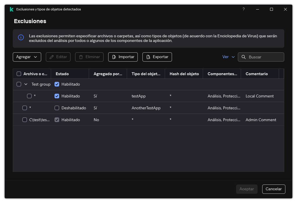 Una ventana con la lista de exclusiones. Se muestran las propiedades de exclusión. El usuario puede agregar, editar o eliminar exclusiones.