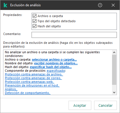 Una ventana con herramientas de selección de exclusión. El usuario puede seleccionar un archivo o una carpeta, ingresar un nombre de objeto o un hash.