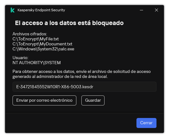 Una ventana con un archivo de solicitud para acceder a datos cifrados. El usuario puede guardar el archivo generado en el disco o enviarlo por correo electrónico.