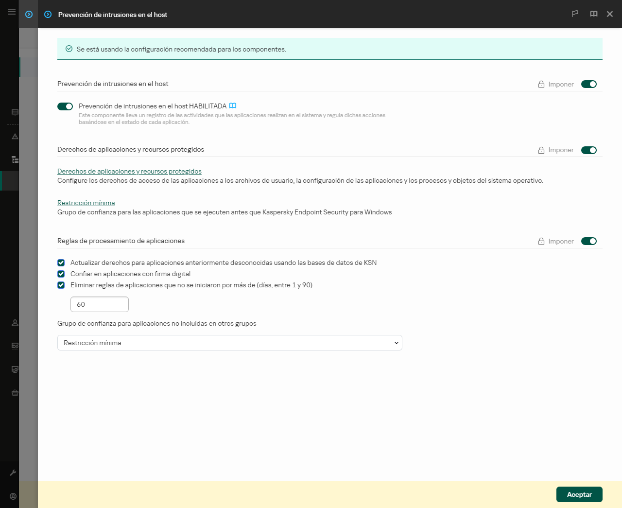 Ventana de Configuración de Prevención de intrusiones